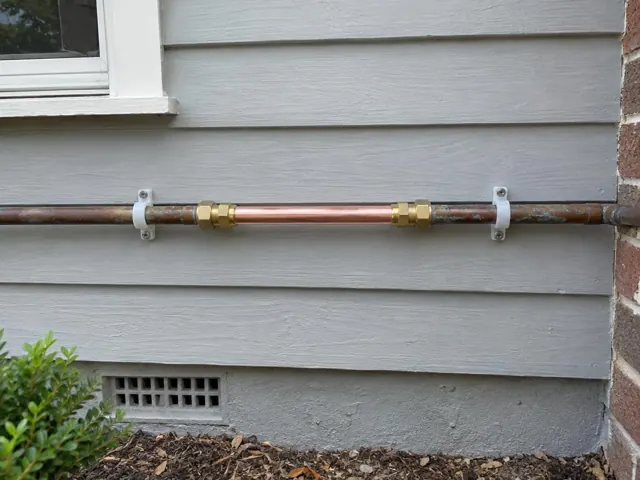 Repaired copper water pipe on an exterior weatherboard wall in Chatswood